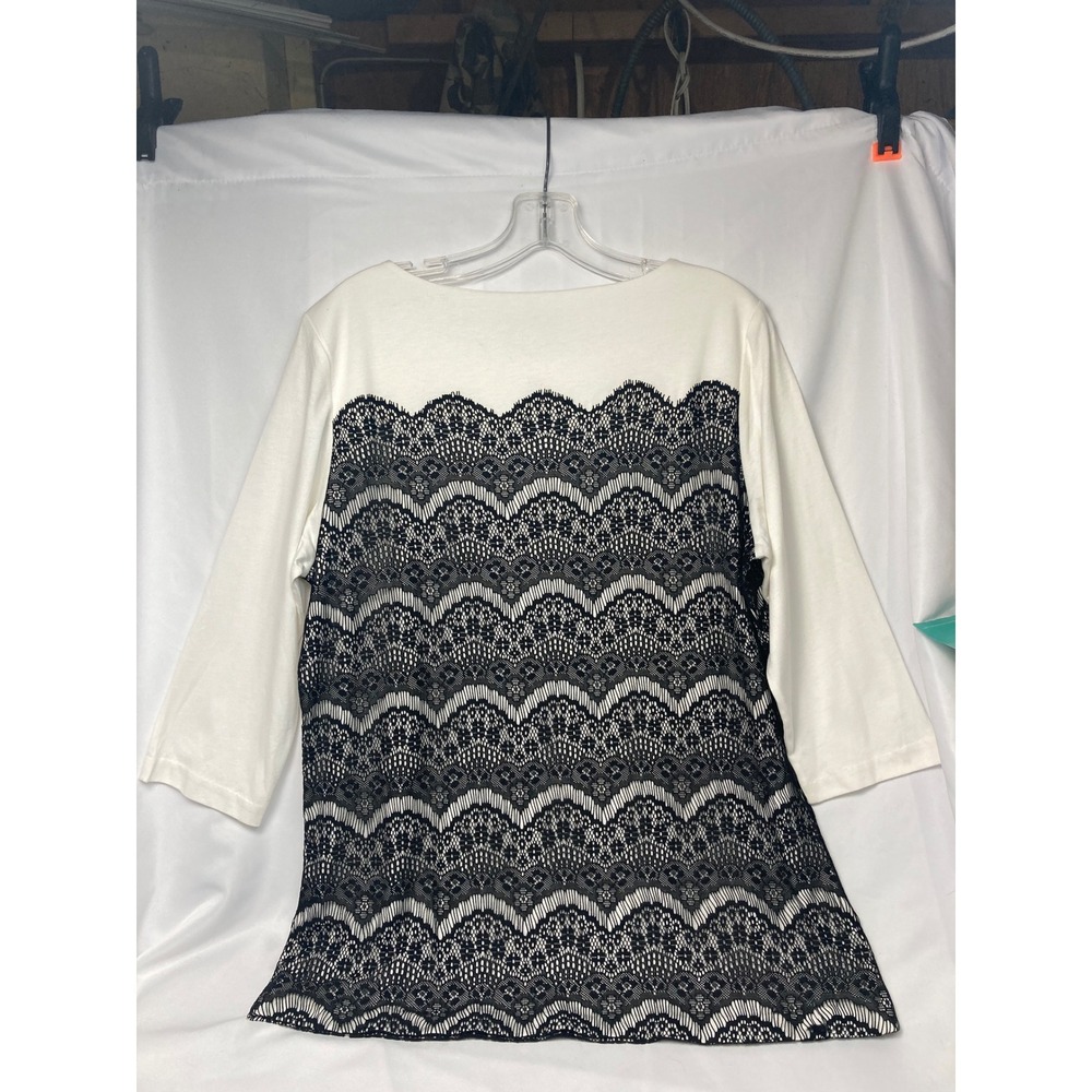 Christopher & Banks White 3/4 Sleeve Top Black‎ Lace Yoke Womens Size Large - Picture 2 of 7